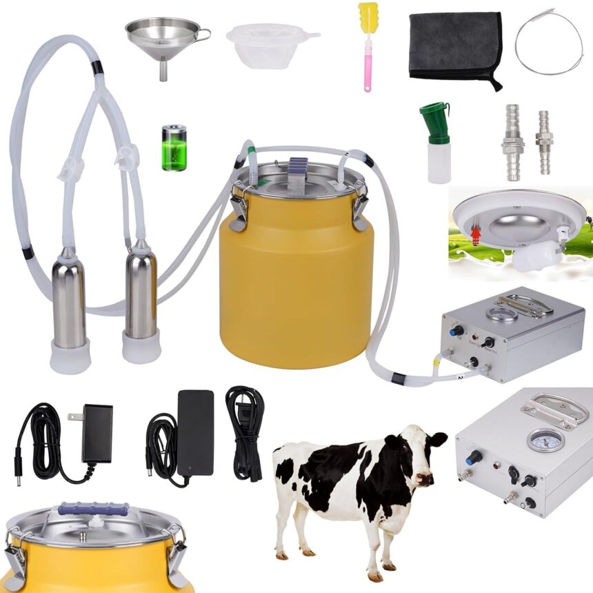 Hantop 12l Goat Milking Machine, Rechargeable Battery Powered Speed Adjustable Pulsating Vacuum Pump 304 Stainless Steel Milk Bucket With Auto Stop Check Valve Goat Milker Machine Pro Model